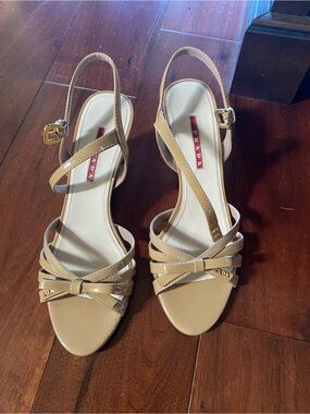 Prada Tan Patent Leather Bow Slingback Heels